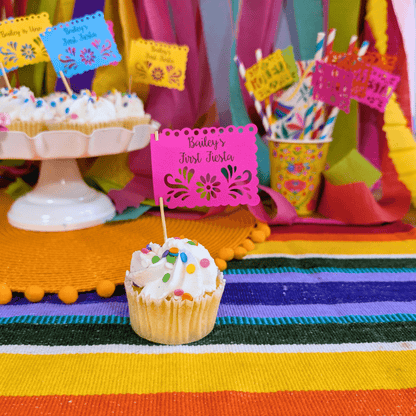 Personalized Papel Picado Fiesta Cupcake Toppers - Lula Flora