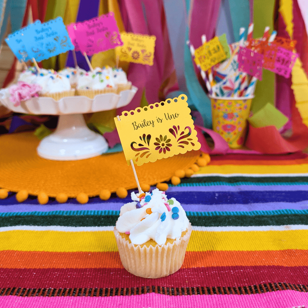 Personalized Papel Picado Fiesta Cupcake Toppers
