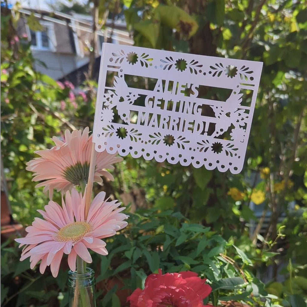 Personalized papel picado wedding centerpiece flags with two doves