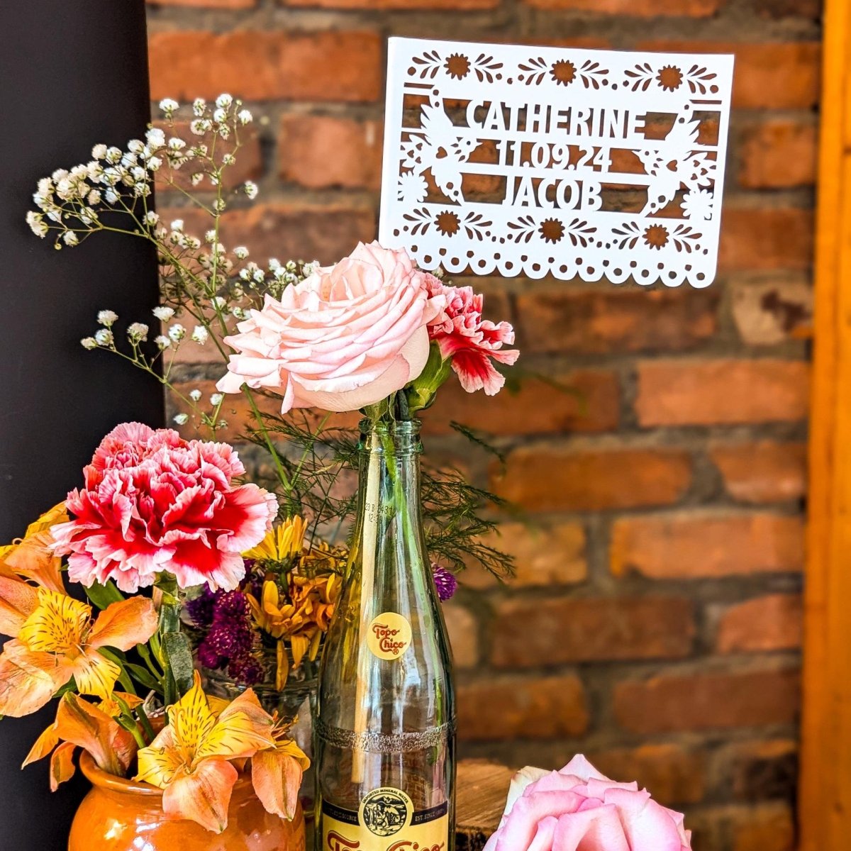 Personalized papel picado wedding centerpiece flags with two doves