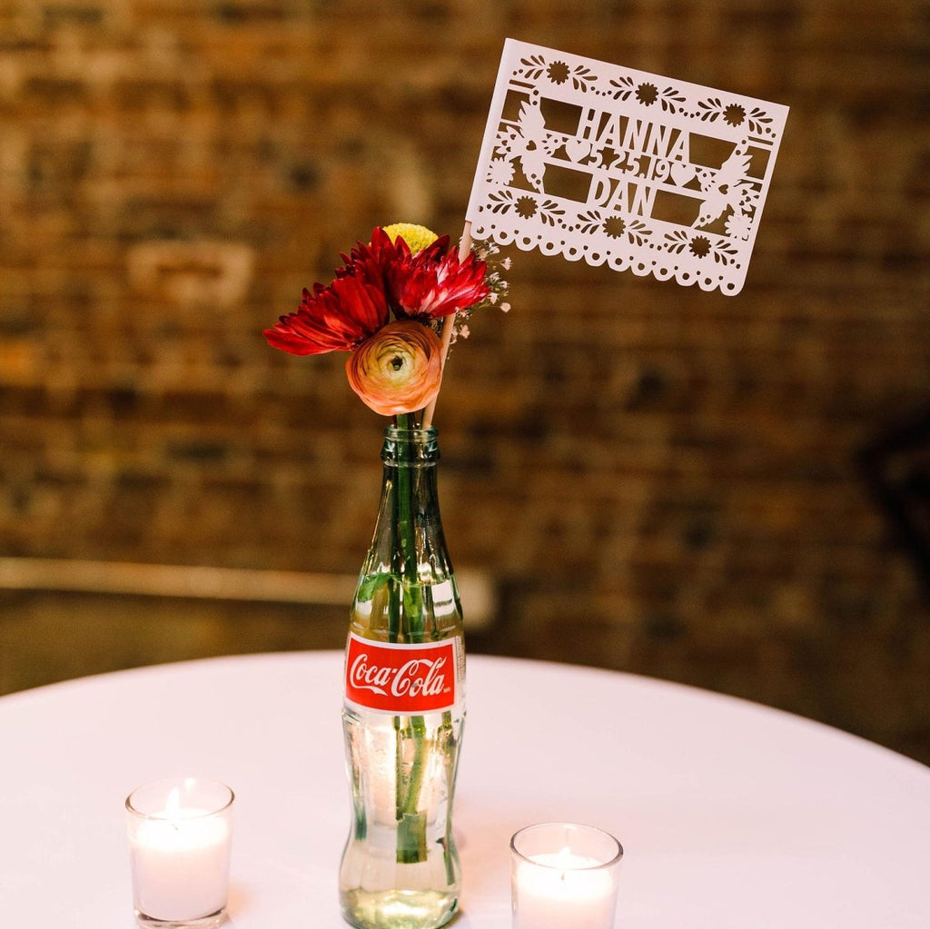 Personalized papel picado wedding centerpiece flags with two doves
