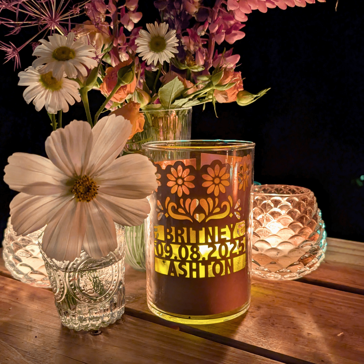 Personalized paper wedding luminaries with custom names and date