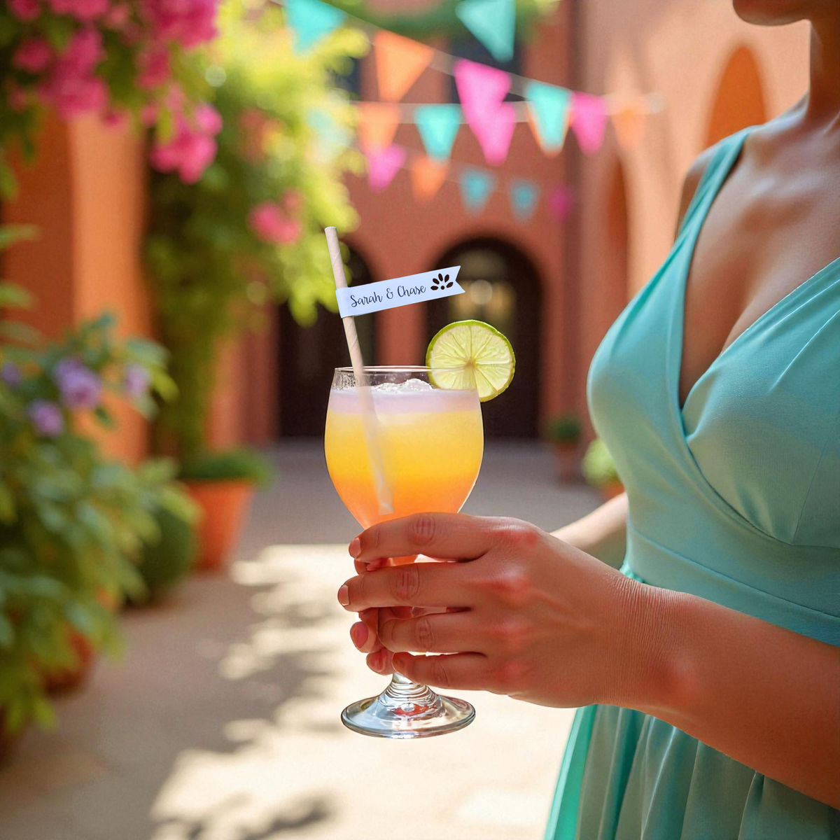 Personalized wedding cocktail straws with custom printed flags